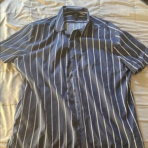 Express Men's Navy and White Striped Shirt